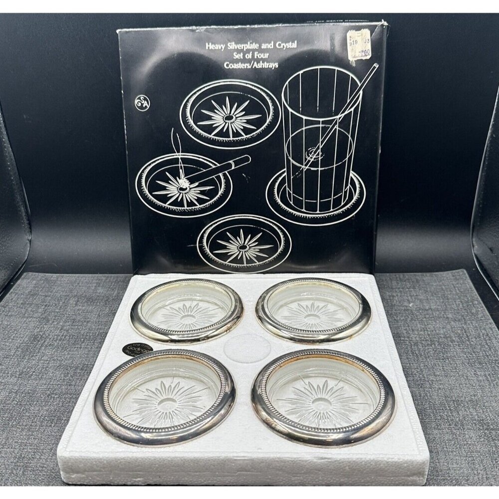 Vtg Godinger Silver Plated Crystal Coasters Starburst Pattern Italy NOS Boxed